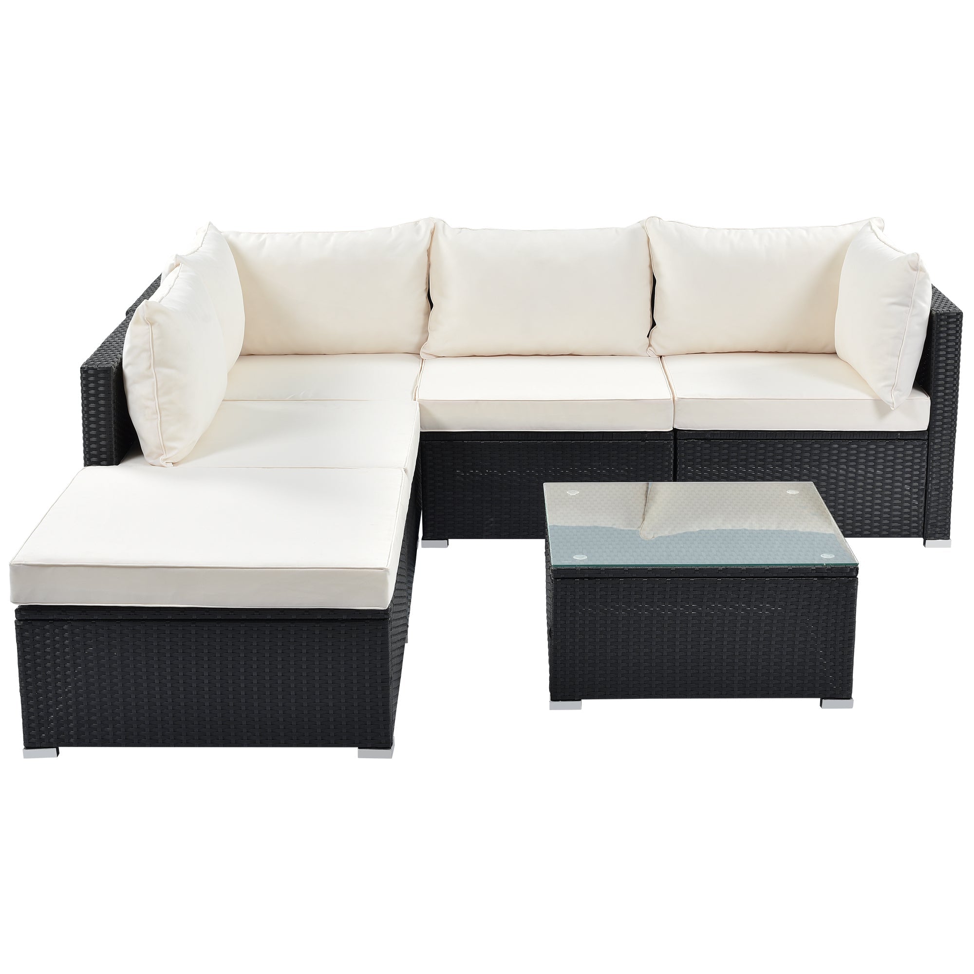GO 6-Piece Patio Furniture Set corner sofa set with thick removable cushions, PE Rattan Wicker, outdoor Garden Sectional Sofa Chair, removable Beige cushions, Black wicker